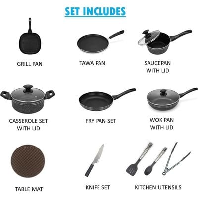 Auroware 24 Pcs Non Stick Complete Cookware Set, Frying pan, Casserole with Lid, Sauce pan, Grill Pan, Wok Pan, Tawa Pan, Kitchen Utensils,Table Mat and Knife Set frypan