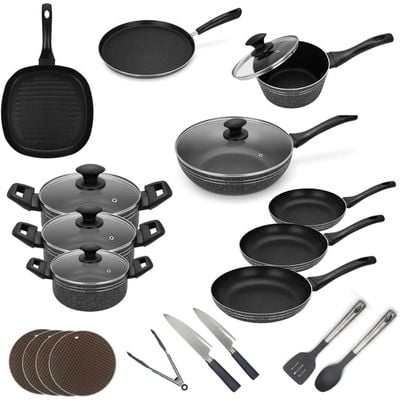 Auroware 24 Pcs Non Stick Complete Cookware Set, Frying pan, Casserole with Lid, Sauce pan, Grill Pan, Wok Pan, Tawa Pan, Kitchen Utensils,Table Mat and Knife Set frypan