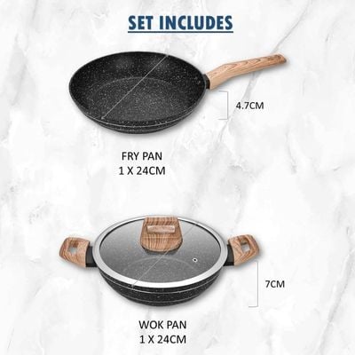 Auroware 3 Piece Non Stick Frying Pan and Wok Pan with Lid Kitchen Cookware Forged Aluminium frypan, Dishwasher Safe Durable and strong