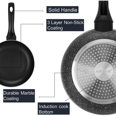 Auroware 3 Pack Non Stcik Frying Pan Cooking Set Induction Bottom, Three Layer Coating Strong and Durable, PFOA Free Dia 20/24/28 cm