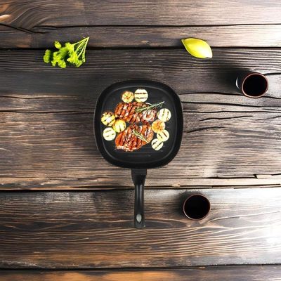 Auroware Long lasting Non-Stick 28 Cm Square Grill Pan Black Aluminum Durable Marble Coating Strong Handle