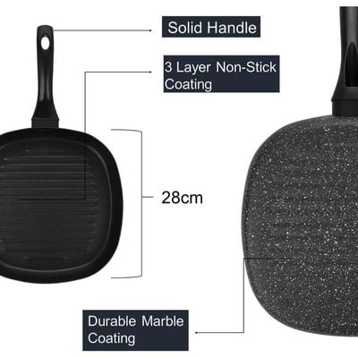 Auroware Long lasting Non-Stick 28 Cm Square Grill Pan Black Aluminum Durable Marble Coating Strong Handle