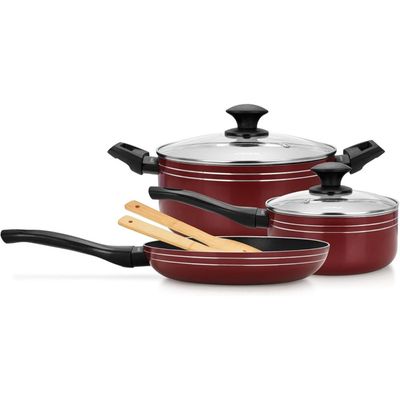 Auroware Non stick 7 Pcs Cookware Set Red, Pressed Aluminum, Dishwasher Safe, Induction Bottom, Frying Pan, Casserole & Saucepan with Lid & kitchen tool