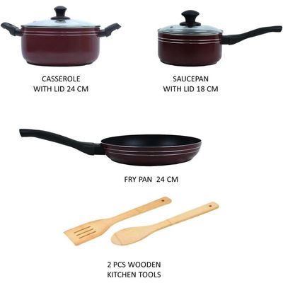 Auroware Non stick 7 Pcs Cookware Set Red, Pressed Aluminum, Dishwasher Safe, Induction Bottom, Frying Pan, Casserole & Saucepan with Lid & kitchen tool