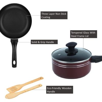 Auroware Non stick 7 Pcs Cookware Set Red, Pressed Aluminum, Dishwasher Safe, Induction Bottom, Frying Pan, Casserole & Saucepan with Lid & kitchen tool