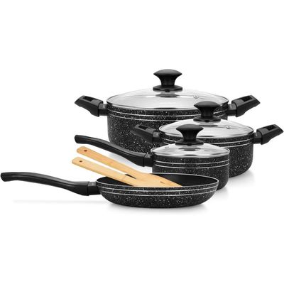 Auroware Non Stick 9 Pcs Cookware Set Black, Pressed Aluminum, Kitchen Induction ready, Dishwasher safe with Frying pan and Wooden tools