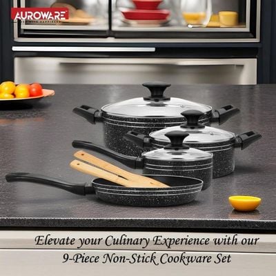 Auroware Non Stick 9 Pcs Cookware Set Black, Pressed Aluminum, Kitchen Induction ready, Dishwasher safe with Frying pan and Wooden tools