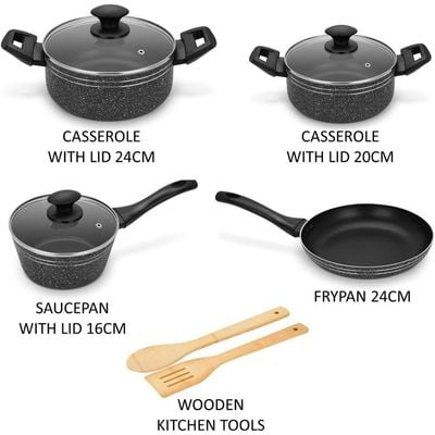 Auroware Non Stick 9 Pcs Cookware Set Black, Pressed Aluminum, Kitchen Induction ready, Dishwasher safe with Frying pan and Wooden tools