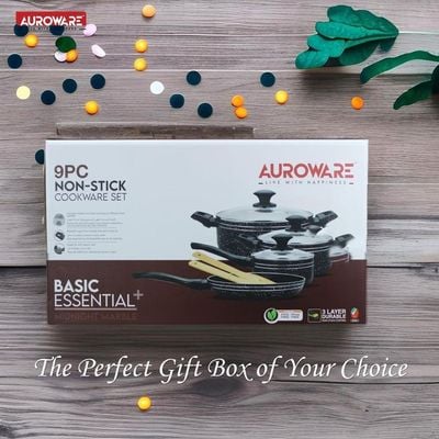 Auroware Non Stick 9 Pcs Cookware Set Black, Pressed Aluminum, Kitchen Induction ready, Dishwasher safe with Frying pan and Wooden tools