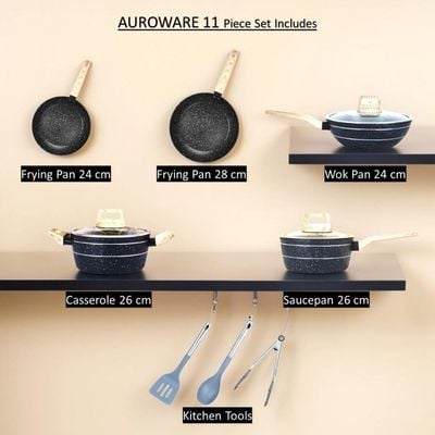 Auroware 11 Piece Nonstck Pots and Pan Set, Induction cookware Set, Frying pan, Sauce Pan, Wok Pan, Kitchen Utensils, Glass Lid Kitchen Cooking Set