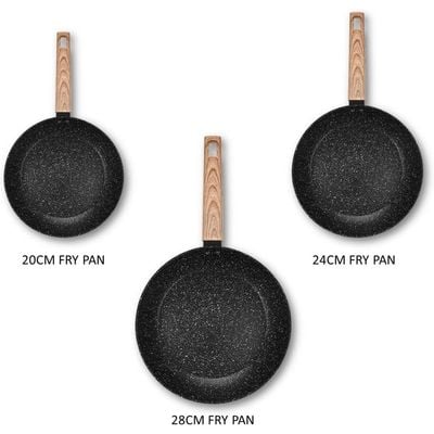 Auroware 3 Piece Non Stick Frying Pan Granite Forged Aluminium Marble Coating Dishwasher Safe PFOA Free Dia (20cm,24,cm 28cm)