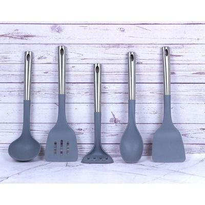 Auroware 5 pcs Kitchen Utensil Heat Resistant Slotted spoon, Sloted Turner, Solid Spoon, Solid Turner, Egg whisk. Soup Ladle Non stick and Non toxic (Nylon)