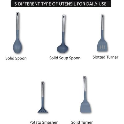 Auroware 5 pcs Kitchen Utensil Heat Resistant Slotted spoon, Sloted Turner, Solid Spoon, Solid Turner, Egg whisk. Soup Ladle Non stick and Non toxic (Nylon)