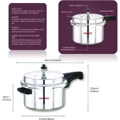 Auroware 5 Ltr Pressure Cooker Heavy Duty Aluminium with lid Strong Handle Save Energy Time Safety Valves Dishwasher safe