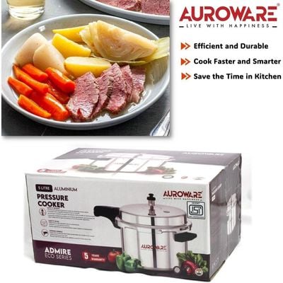 Auroware 5 Ltr Pressure Cooker Heavy Duty Aluminium with lid Strong Handle Save Energy Time Safety Valves Dishwasher safe