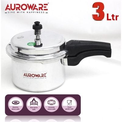 Auroware 3 Ltr Pressure Cooker Heavy Duty Aluminium with lid Strong Handle Save Energy Time Safety Valves Dishwasher safe