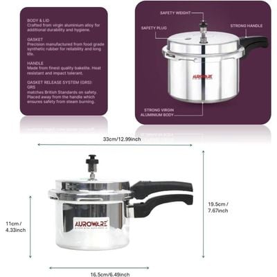 Auroware 3 Ltr Pressure Cooker Heavy Duty Aluminium with lid Strong Handle Save Energy Time Safety Valves Dishwasher safe