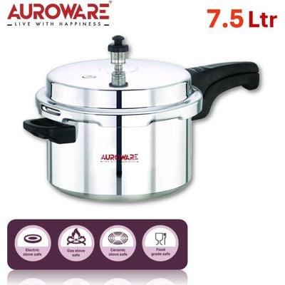 Auroware 7.5 Ltr Pressure Cooker Heavy Duty Aluminium with lid Strong Handle Save Energy Time Safety Valves Dishwasher safe