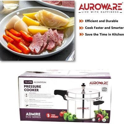 Auroware 7.5 Ltr Pressure Cooker Heavy Duty Aluminium with lid Strong Handle Save Energy Time Safety Valves Dishwasher safe