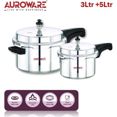 Auroware 5 + 3 Liter Aluminium Pressure Cooker Strong Handle Heavy Duty Comfortable for Chicken, Rice, Beef and More