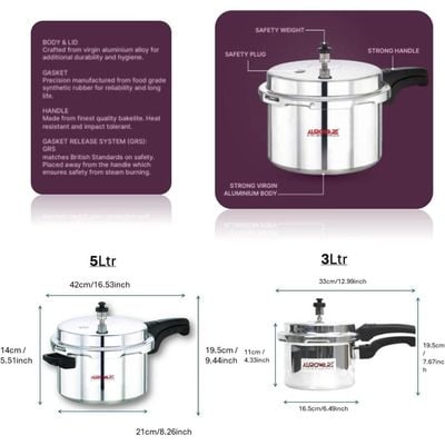 Auroware 5 + 3 Liter Aluminium Pressure Cooker Strong Handle Heavy Duty Comfortable for Chicken, Rice, Beef and More