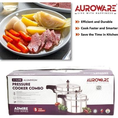 Auroware 5 + 3 Liter Aluminium Pressure Cooker Strong Handle Heavy Duty Comfortable for Chicken, Rice, Beef and More