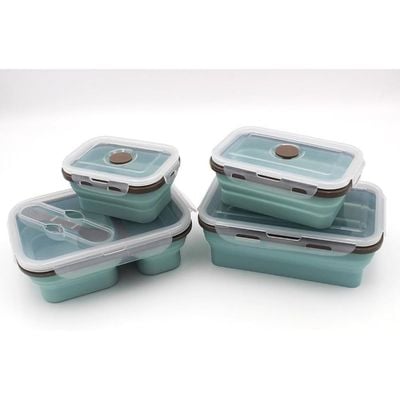 Auroware Silicone School Lunch Box Container Set 4 Piece Food Storage with Lid, Spoon Collapsible Saving Space Lightweight Dishwasher Safe Mint Green