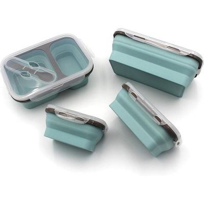 Auroware Silicone School Lunch Box Container Set 4 Piece Food Storage with Lid, Spoon Collapsible Saving Space Lightweight Dishwasher Safe Mint Green