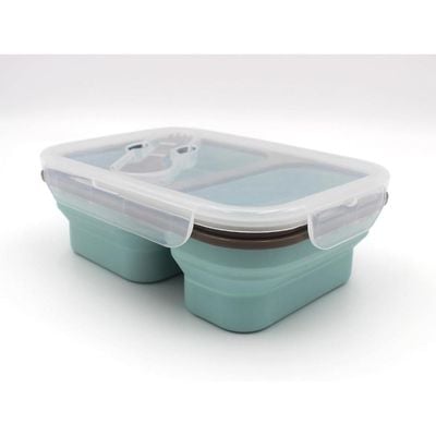 Auroware Collapsible Silicone Bento Lunch Box Container Food Storage with Lid, Spoon Saving Space Lightweight Dishwasher Safe Mint Green