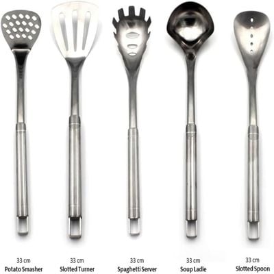 Auroware Stainless Steel Kitchen Utensil Set 5-Piece for Home cooking Potato smasher, Slotted Turner, Spoon, Spaghetti Server, Soup Ladle