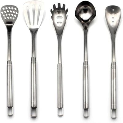 Auroware Stainless Steel Kitchen Utensil Set 5-Piece for Home cooking Potato smasher, Slotted Turner, Spoon, Spaghetti Server, Soup Ladle