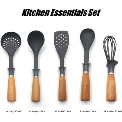 Auroware Kitchen Handle Wood Utensils Set 5 Piece for Baking, Cooking, and Mixing, Dishwasher Safe, Heat Resistant, Soup ladle, Slotted turner, Egg whisk, Solid spoon, and skimmer