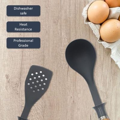 Auroware Kitchen Handle Wood Utensils Set 5 Piece for Baking, Cooking, and Mixing, Dishwasher Safe, Heat Resistant, Soup ladle, Slotted turner, Egg whisk, Solid spoon, and skimmer