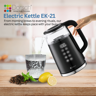 Dorsch 1.7L Electric Kettle | Touch Screen & Digital Display | Double-Wall Construction, 5 Temperature Settings | 3000W Concealed Heating Element, Cordless Design, Anti-Scale Filters (EK- 21)