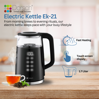 Dorsch 1.7L Electric Kettle | Touch Screen & Digital Display | Double-Wall Construction, 5 Temperature Settings | 3000W Concealed Heating Element, Cordless Design, Anti-Scale Filters (EK- 21)