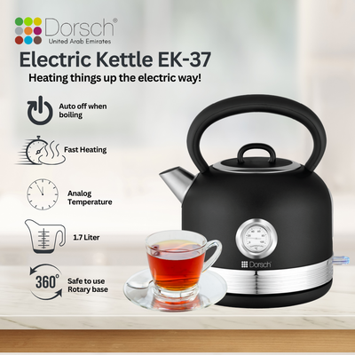 Dorsch Electric Kettle | 1.7 Liter Capacity | Analog Temperature Control | Boiling Dry Protection | 360 Degree Safe Rotary Base | Auto Shut Off | Black Antique Design | 2-Year Warranty (EK- 37)
