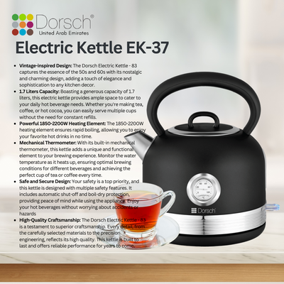 Dorsch Electric Kettle | 1.7 Liter Capacity | Analog Temperature Control | Boiling Dry Protection | 360 Degree Safe Rotary Base | Auto Shut Off | Black Antique Design | 2-Year Warranty (EK- 37)
