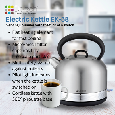 Dorsch Electric Kettle | 1.7 Liter Capacity | Boiling Dry Protection | On/Off Switch | 360 Degree Safe Rotary Base | Auto Shut Off | Round Antique Design | 2-Year Warranty (EK- 58)
