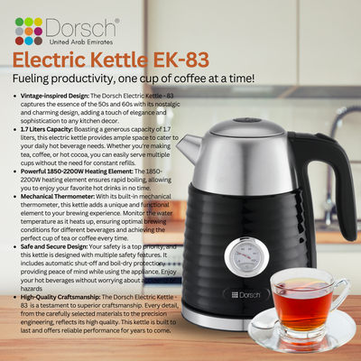 Dorsch 1.7L Electric Kettle with Analogue Temperature | Stainless Steel Heating Component | Auto Shut Down, Circuit Breaker System | 360° Cordless Jug-Kettle | Fast Heating | 2-Year Warranty (EK- 83)
