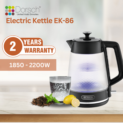 Dorsch Electric Kettle | 1.7L Capacity | Glass Body | Light Indicator | Boil Dry Protection | On/Off Switch | Safe 360° Rotary Base | Auto Shut Off | 2-Year Warranty (EK- 86)
