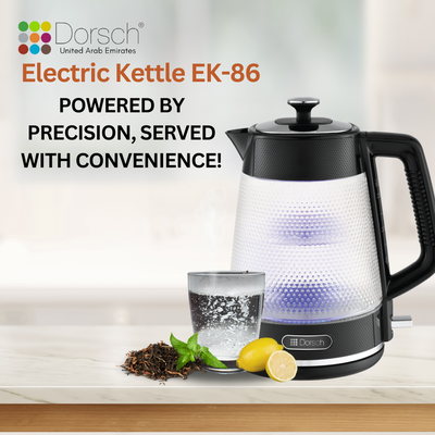 Dorsch Electric Kettle | 1.7L Capacity | Glass Body | Light Indicator | Boil Dry Protection | On/Off Switch | Safe 360° Rotary Base | Auto Shut Off | 2-Year Warranty (EK- 86)
