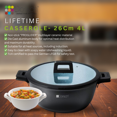 Dorschhome Lifetime Casserole - Non-Stick Coating - Durable, Scratch Resistant - TUV Certified, LFGB Tested - Optimal Heat Distribution - Induction Ready for Exceptional Cooking (26Cm - 5.2Ltr)
