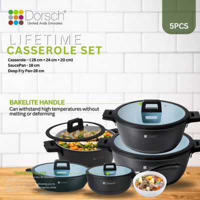 Dorschhome Lifetime Casserole - Non-Stick Coating - Durable, Scratch Resistant - TUV Certified, LFGB Tested - Optimal Heat Distribution - Induction Ready for Exceptional Cooking (5 Pcs Set)
