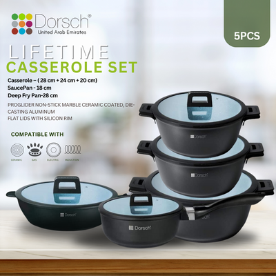 Dorschhome Lifetime Casserole - Non-Stick Coating - Durable, Scratch Resistant - TUV Certified, LFGB Tested - Optimal Heat Distribution - Induction Ready for Exceptional Cooking (5 Pcs Set)
