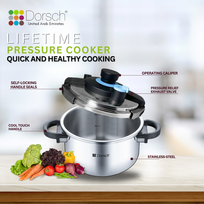 Dorschhome GoPress: 18/10 Stainless Steel Pressure Cooker - Self-Locking Handle, Auto-Pressure Release - Versatile Steamer Basket - Low & High Pressure Cooking - 10 Years Warranty (6 Ltr)
