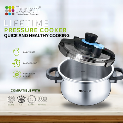 Dorschhome GoPress: 18/10 Stainless Steel Pressure Cooker - Self-Locking Handle, Auto-Pressure Release - Versatile Steamer Basket - Low & High Pressure Cooking - 10 Years Warranty (6 Ltr)
