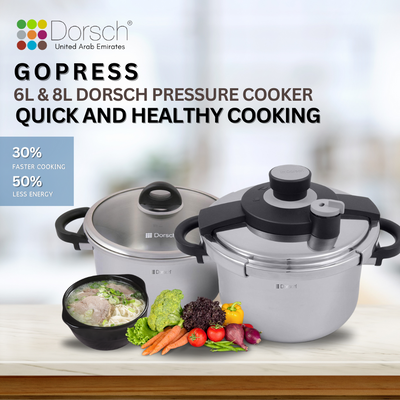 Dorschhome GoPress: 18/10 Stainless Steel Pressure Cooker - Self-Locking Handle, Auto-Pressure Release - Versatile Steamer Basket - Low & High Pressure Cooking - 10 Years Warranty (8 Ltr)
