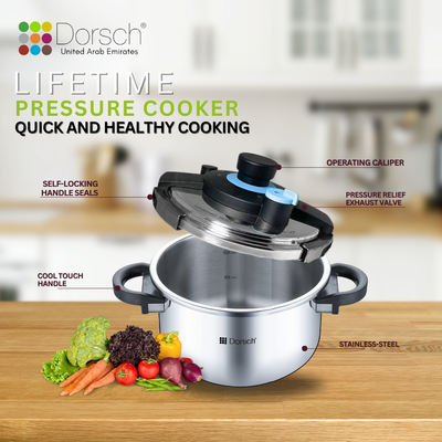 Dorschhome GoPress: 18/10 Stainless Steel Pressure Cooker - Self-Locking Handle, Auto-Pressure Release - Versatile Steamer Basket - Low & High Pressure Cooking - 10 Years Warranty (8 Ltr)
