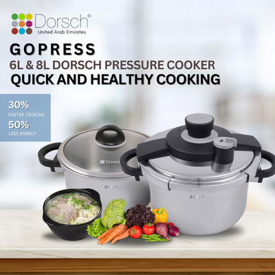 Dorschhome GoPress: 18/10 Stainless Steel Pressure Cooker - Self-Locking Handle, Auto-Pressure Release - Versatile Steamer Basket - Low & High Pressure Cooking - 10 Years Warranty (6 Ltr + 8 Ltr)
