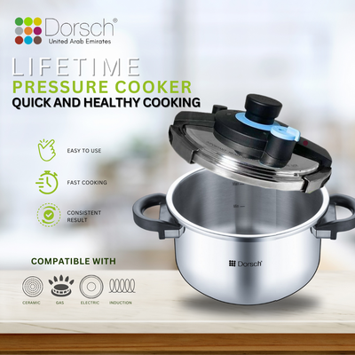 Dorschhome GoPress: 18/10 Stainless Steel Pressure Cooker - Self-Locking Handle, Auto-Pressure Release - Versatile Steamer Basket - Low & High Pressure Cooking - 10 Years Warranty (6 Ltr + 8 Ltr)
